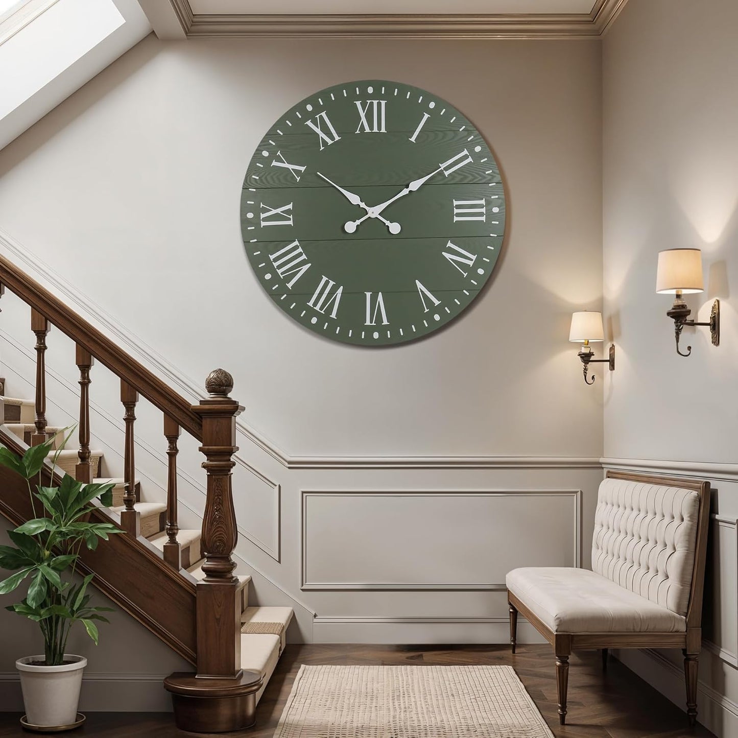 Large Wall Clock with Roman Numeral, 35” Shiplap Wall Clock Farmhouse Nearly Non-Ticking, Round Clock for Living Room Decor, Office, Bedroom, Entrance, Green