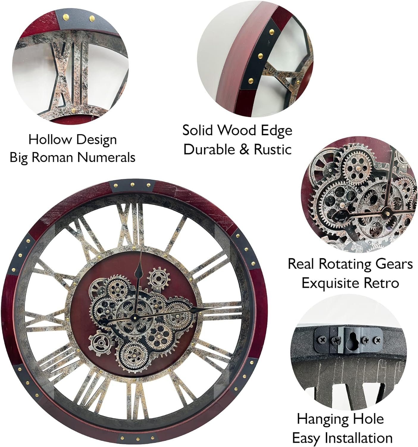 DORBOKER 30" Original Moving Gears Wall Clock, Large Industrial Wall Clock for Living Room Decor, Retro Wood Vintage Farmhouse Steampunk Rustic Clocks for Wall Decor,Cherry Red