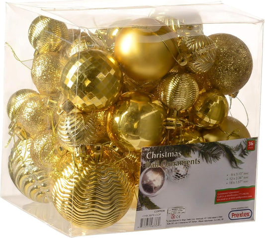 PREXTEX Christmas Ornaments Gold Set - 36-Piece Shatterproof Gold Ornaments for Christmas Tree, Holiday, Wreath, and Party Decorations - Assorted Sizes in Small, Medium, Large