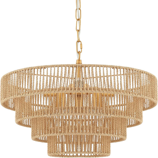 6-Lights Hand-Woven Rattan Pendant Light 4 Round Transitional Minimalist Boho Large Pendant Light for Kitchen Island Dining Room Living Room Hallway, Dia 20 Inch, UL Listed