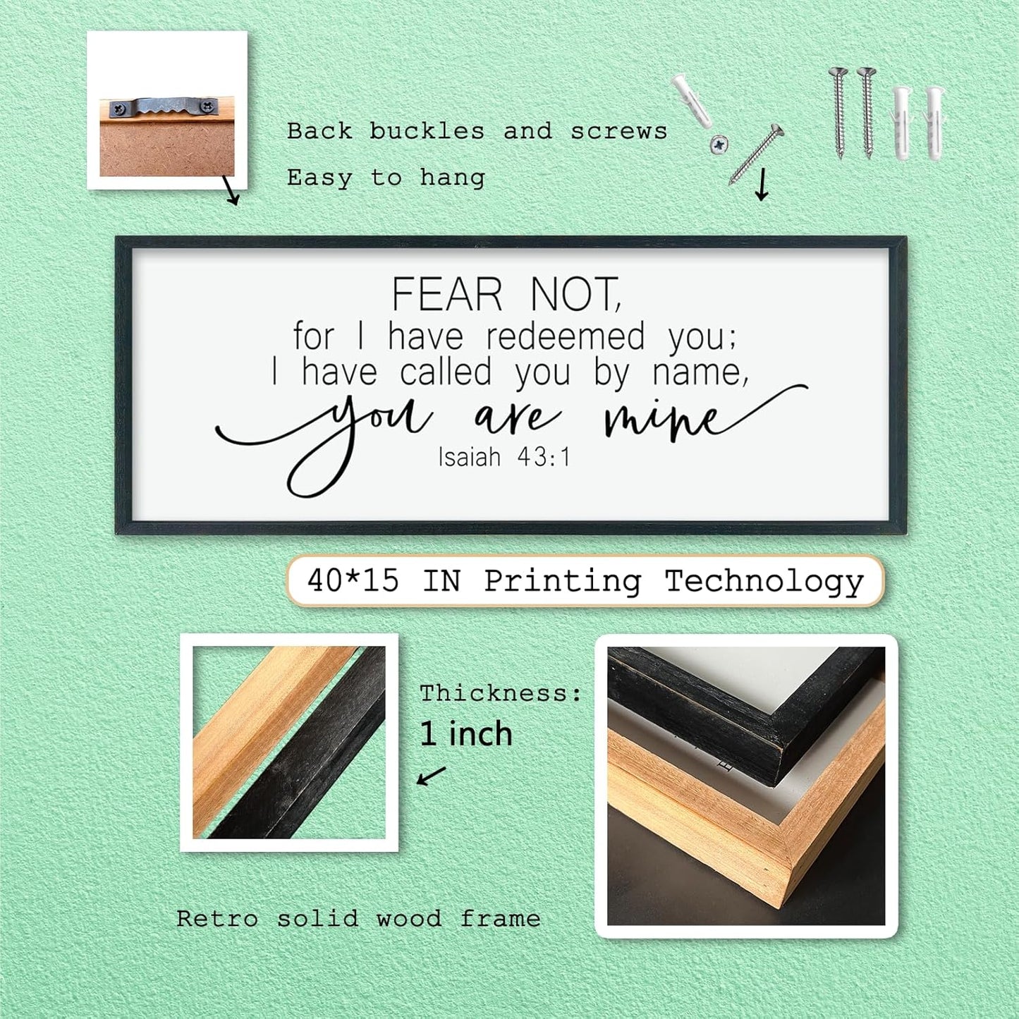 LuZhiQiang Fear Not for I Have Redeemed You Wall Decor Art 40"×15" Isaiah 43:1 Bible Verse Sign Christian Scripture Large Wood Framed Wall Hanging (Black)