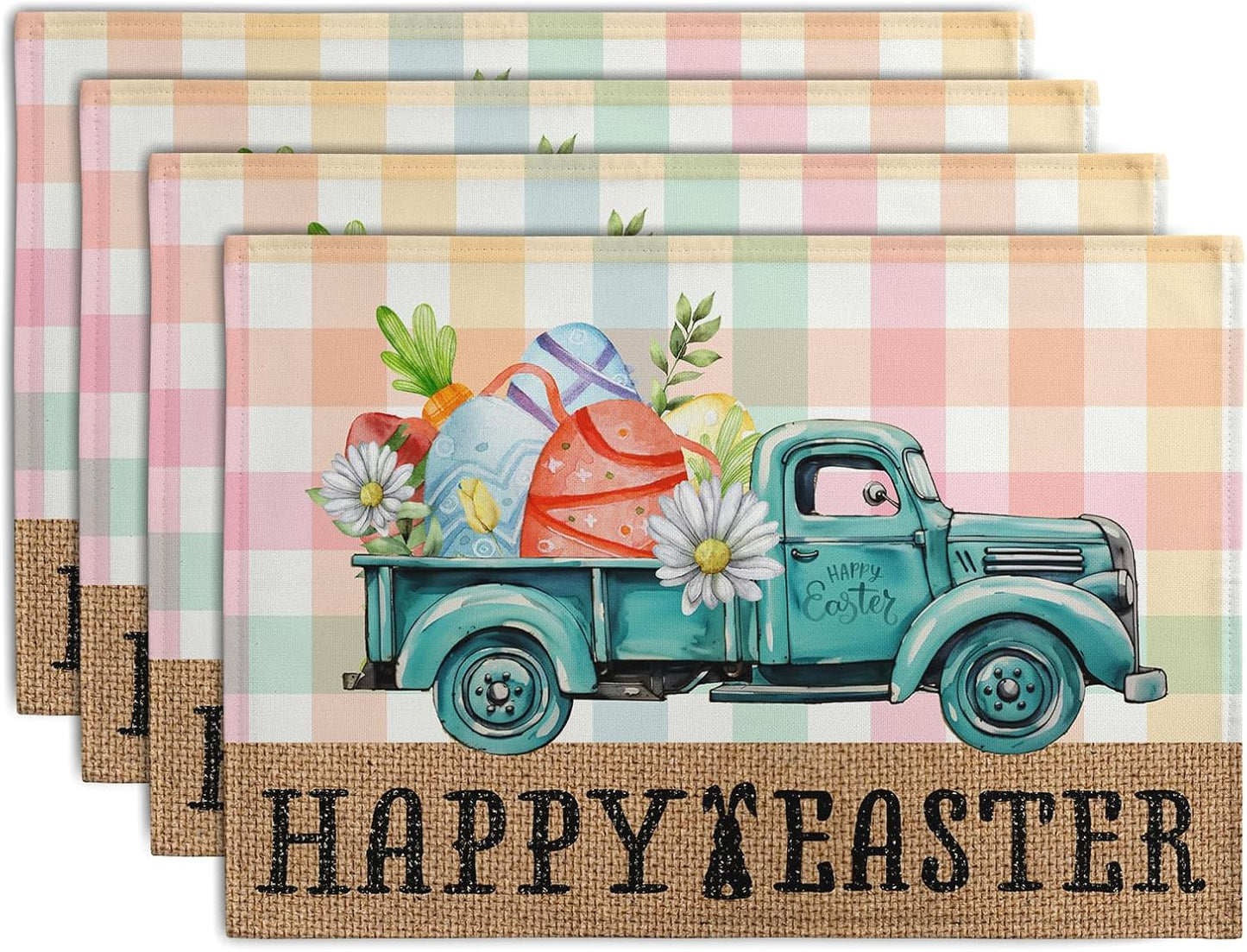 Happy Easter Placemats Set of 4 Pink Yellow Blue Buffalo Plaid Truck Eggs Daisy Easter Table Mats Spring Seasonal Linen Place Mat Washable Place Mats for Party Kitchen Dining Outdoor Indoor Decor