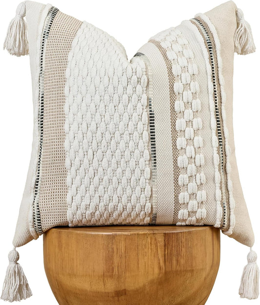 AmHoo Chenille Striped Textured Boho Throw Pillow Covers Aesthetic with Tassels Woven Decorative Pillow Case for Couch Bed Sofa Bedroom Modern Funky 18 x 18-Inch White