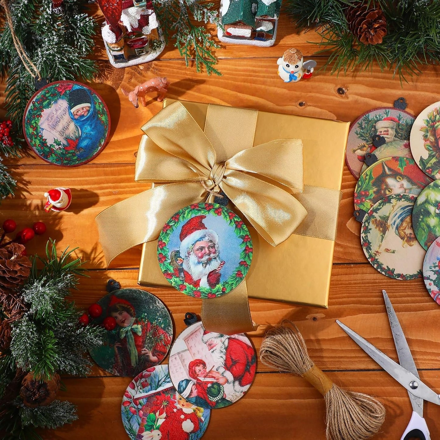 48-Piece Vintage Wood Christmas Tree Ornaments - Santa, Snowman & Retro Decor