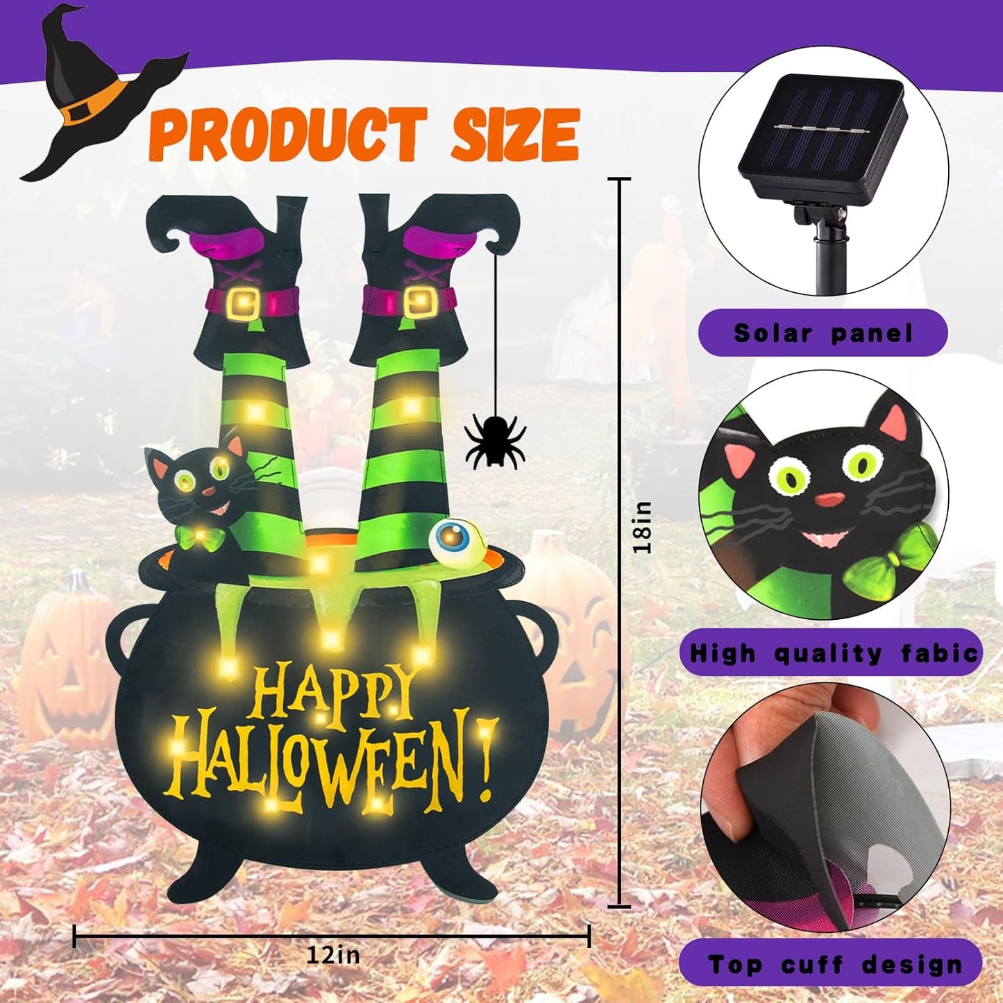 Halloween Lighted Garden Flag for Outside, Witch Feet Shape Flag Yard Decor, 8 Modes 12x18 Double Sided Cauldron Eyeball Black Cat Outdoor Hlloween Decorations for Home Porch（Warm White-12x18）