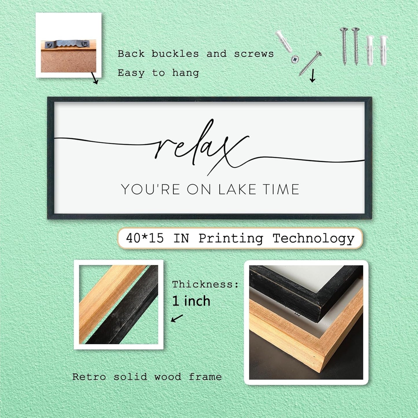 Relax You're On Lake Time Sign Wall Decor 40"×15" Lake House Bedroom Large Wood Framed Hanging Wall Art (Black)