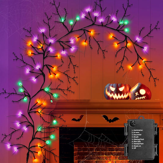 [ Timer & 8 Modes ] 6 Ft 54LED Halloween Willow Vine Twig Decor Branches Garland Decorations Orange ＆ Purple ＆ Green Lights -Battery Operated Garland for Indoor Wall Fireplace Halloween Decorations