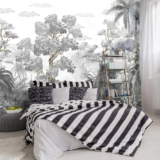 -Tropical Rainforest Botanical Grey Jungle Forest Fabric Wallpaper Living Room Palm Leaf Plant Bedroom Bathroom Large Wall Mural- 183"x120"（ not Peel and Stick）