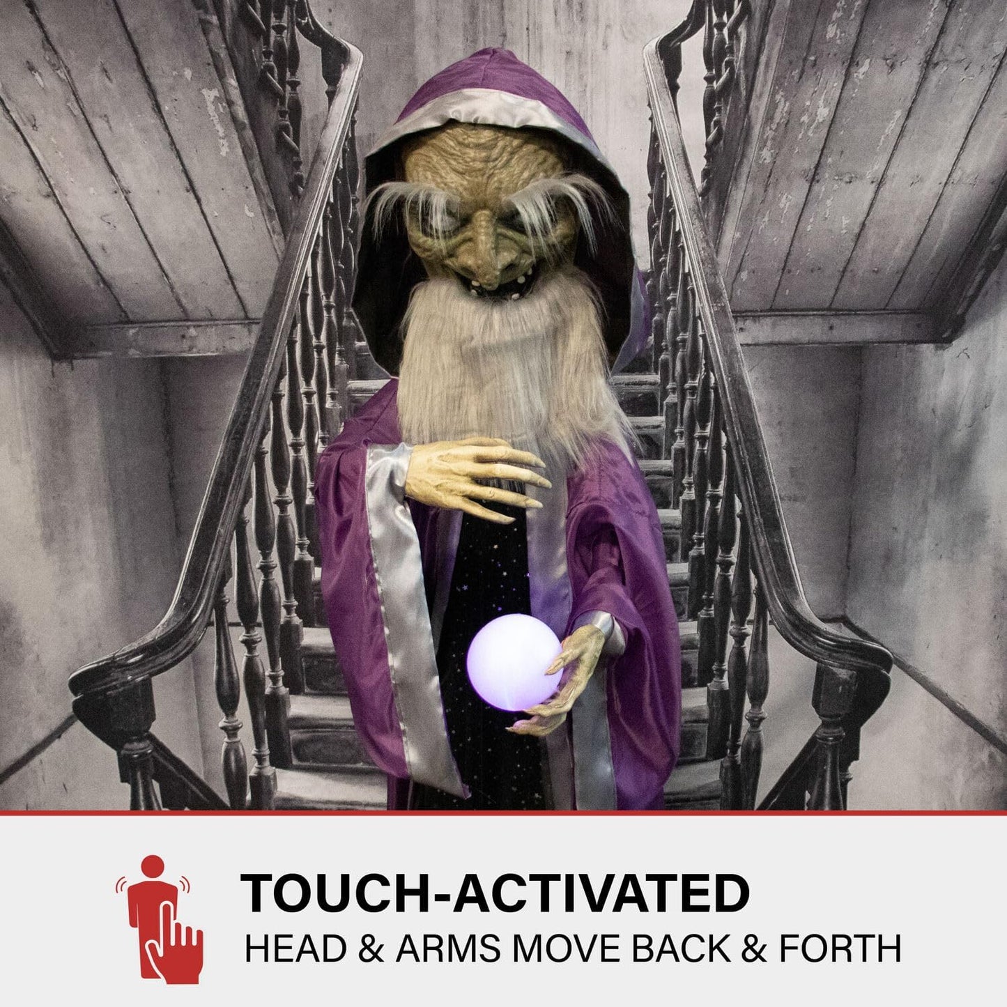 Haunted Hill Farm Talking Wizard Halloween Animatronic with Movement and Light-Up Crystal Ball for Scary Indoor or Covered Outdoor Halloween Decorations, Battery Operated Halloween Prop