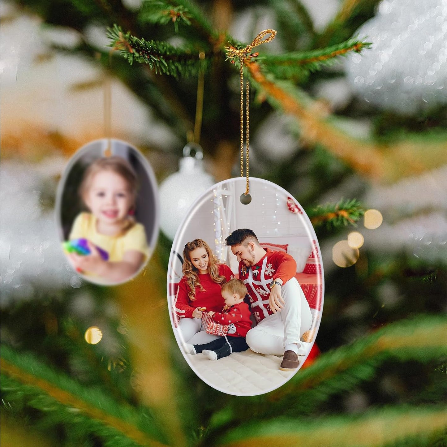 Personalized Christmas Ornaments 2025, Double-Side Custom Christmas Ornament, Oval Ceramic Photo Ornament Christmas Tree Decorations for Kids, Mom, Dad, Family, Loved One