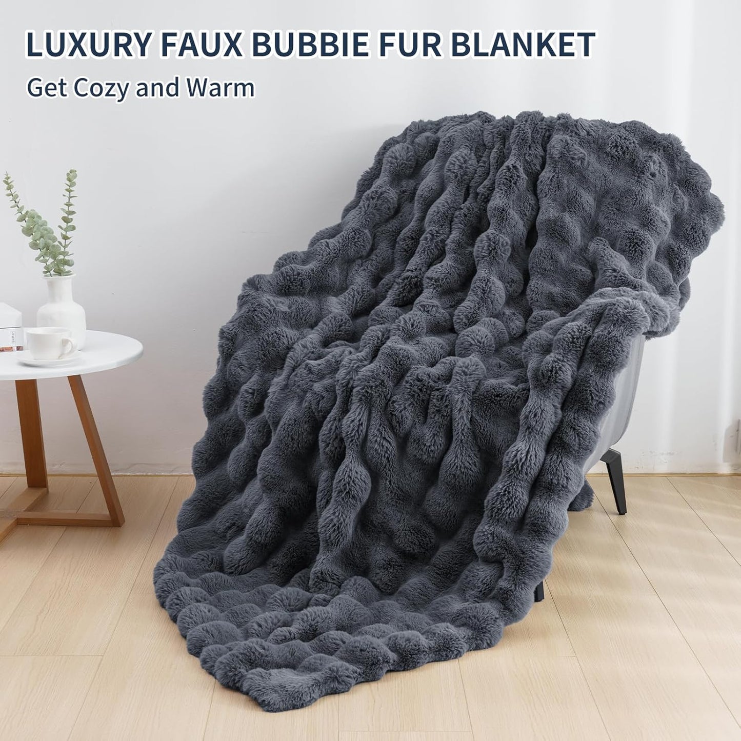 Cozy Faux Fur Throw Blanket for Bed-Warm Fuzzy Throw Blanket, Soft Plush Thick Bubble Blankets for Bedroom and Living Room, Furry Luxury Blanket, 60 x 80, Grey