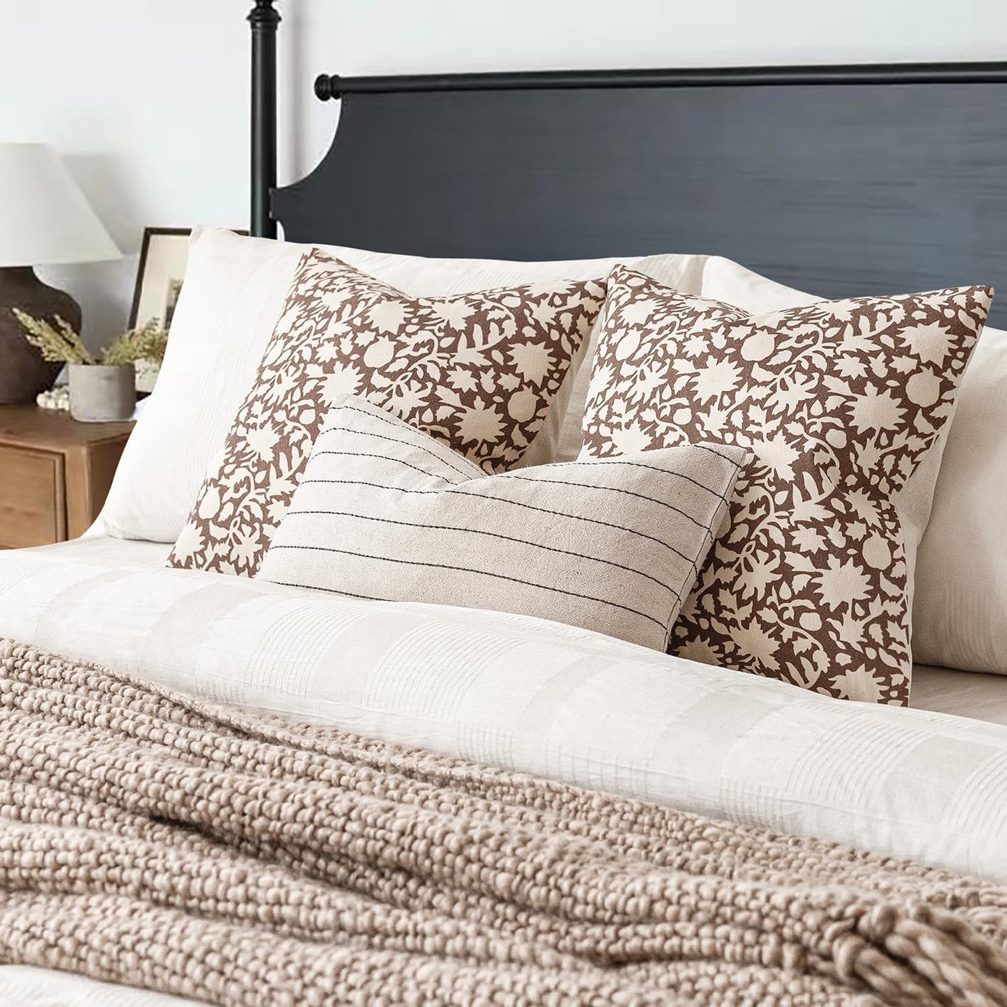 Foindtower Set of 2 Decorative Neutral Floral Throw Pillow Covers Accent Farmhouse Cushion Covers Boho Vintage Pillowcase for Couch Sofa Bedroom Living Room Home Decor Outdoor,24×24 Inch,Brown