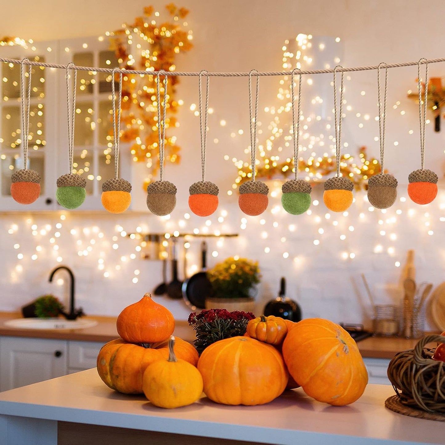Tatuo 25 Pcs Fall Felt Acorn Ornament Hanging Wool Felted Acorn Garland for Fall Tree Ornament Thanksgiving Felt Ball Pom Decor with Rope for Thanksgiving Christmas Tree Mantel Wall Home