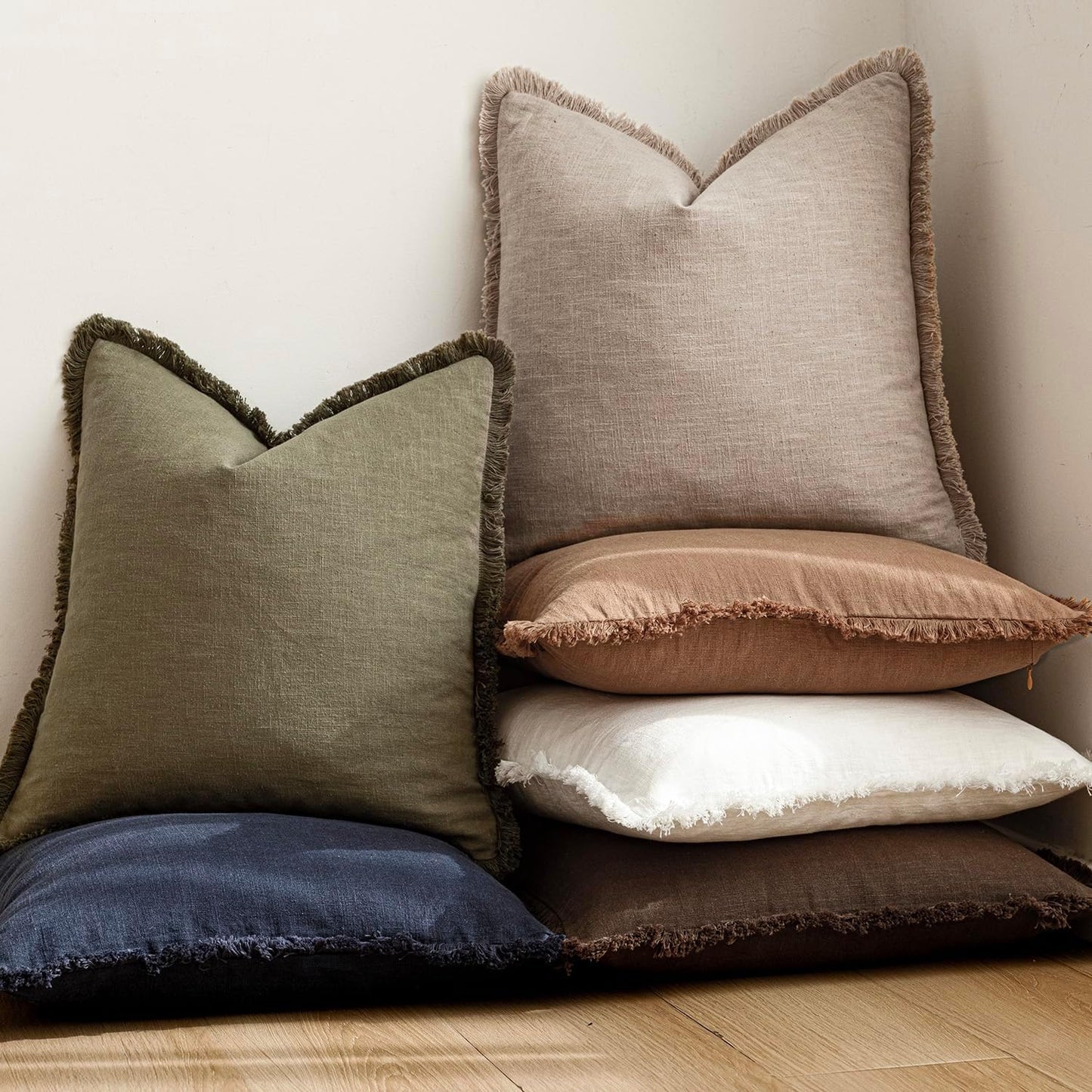 Foindtower Set of 2 Decorative Linen Fringe Throw Pillow Covers Farmhouse Cushion Cover with Tassels Soft Accent Pillowcase for Couch Chair Sofa Bed Living Room Home Decor,24×24 Inch,Natural Linen