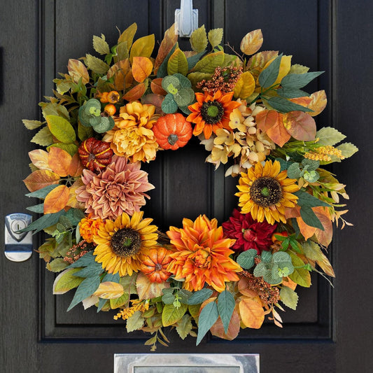 Fall Wreaths for Front Door 24 Inch Autumn Wreath with Sunflowers, Pumpkins Dahlia & Maple Leaves Outdoor Fall Wreath for Thanksgiving, Harvest, Halloween Home Décor