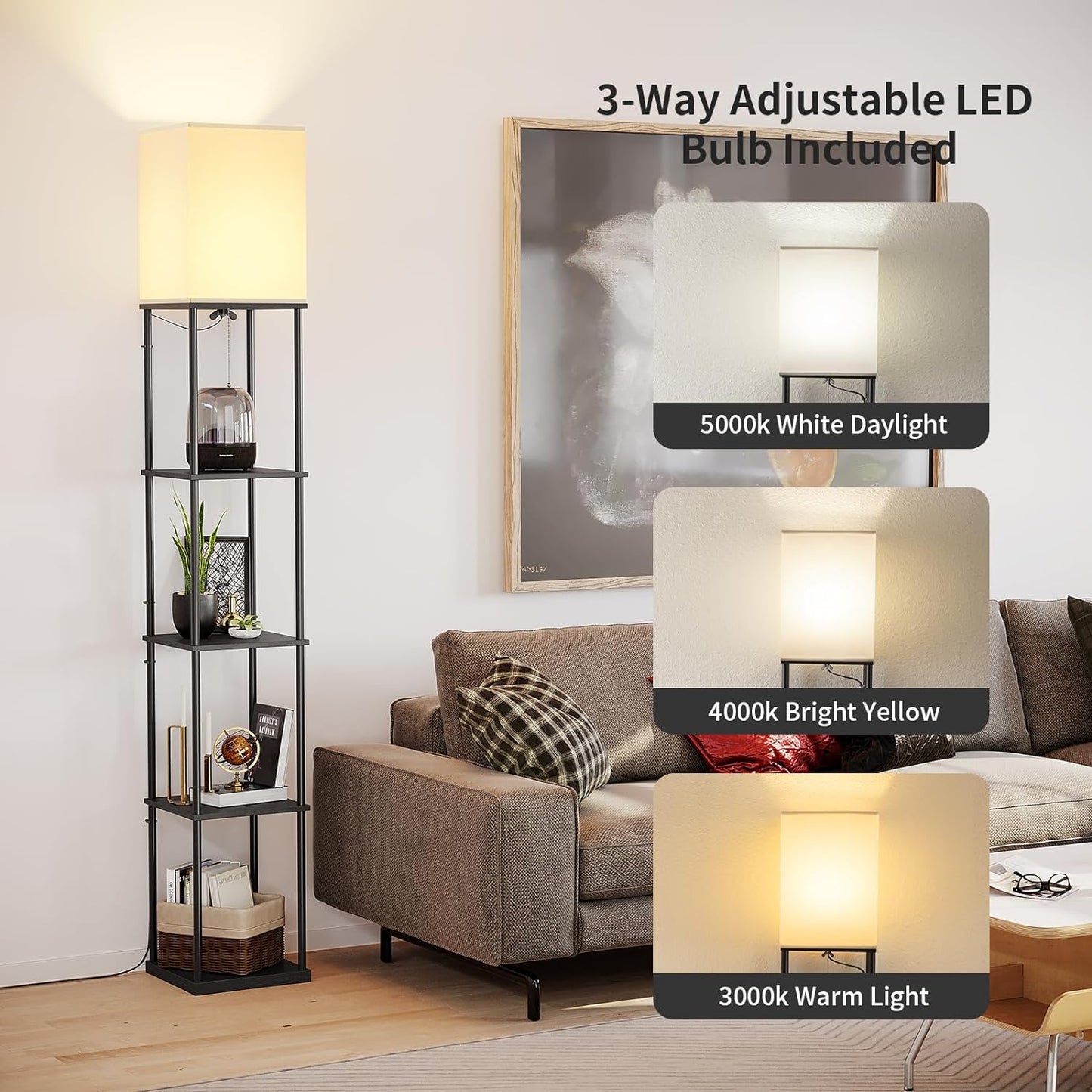 SUNMORY 5 Tier Floor Lamp with Shelves, Modern Square Standing Lamp with 3 Color Temperature Bulb, Corner Display Bookshelf Lamp for Living Room and Bedroom, Tall Shelf Floor Lamp