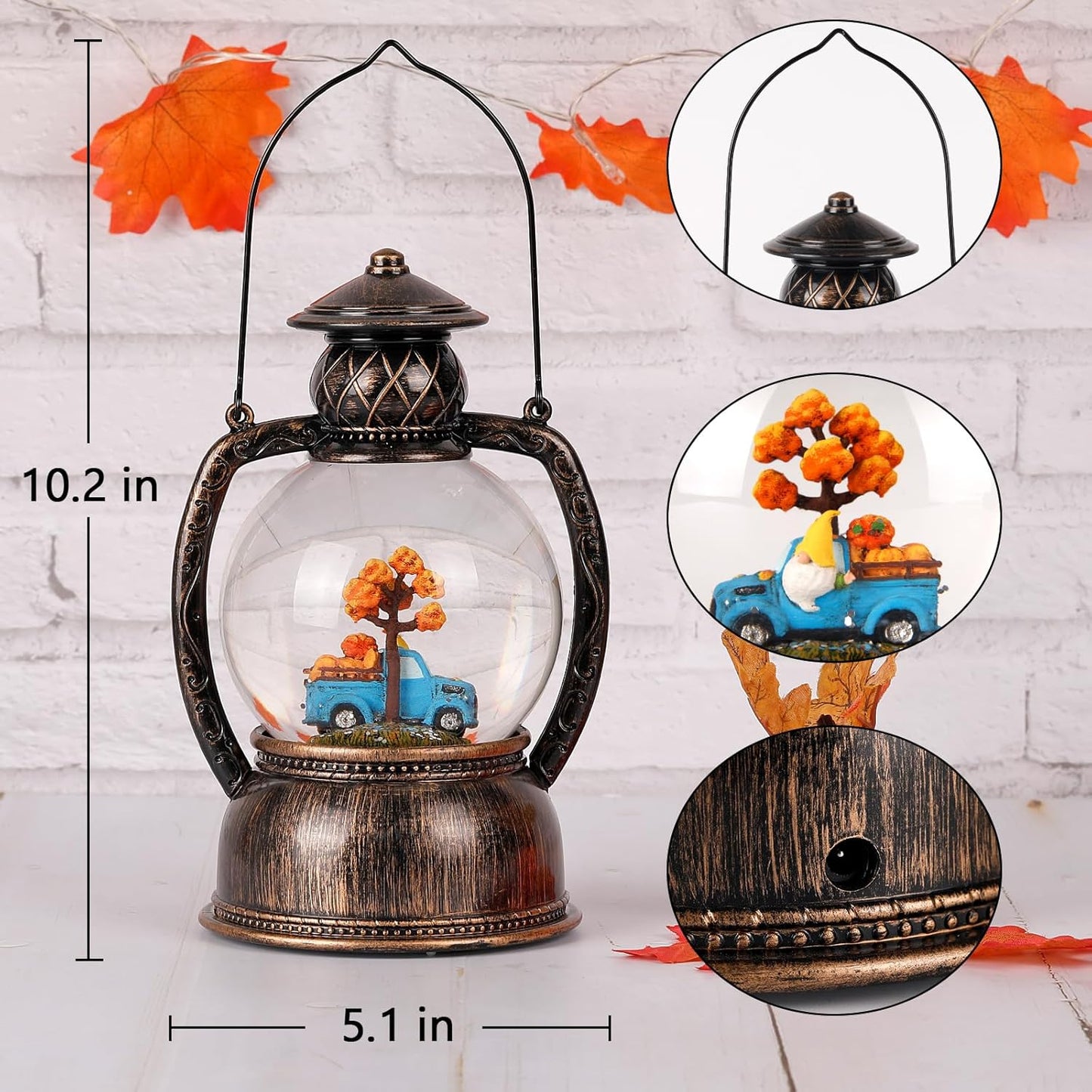 Fall Snow Globes, Blue Truck Pumpkin and Gnome Scene Snow Globes, Glittering Lantern with Timer, Snow Globe Lantern USB or Battery Powered for Fall Festival Thanksgiving Day Decor