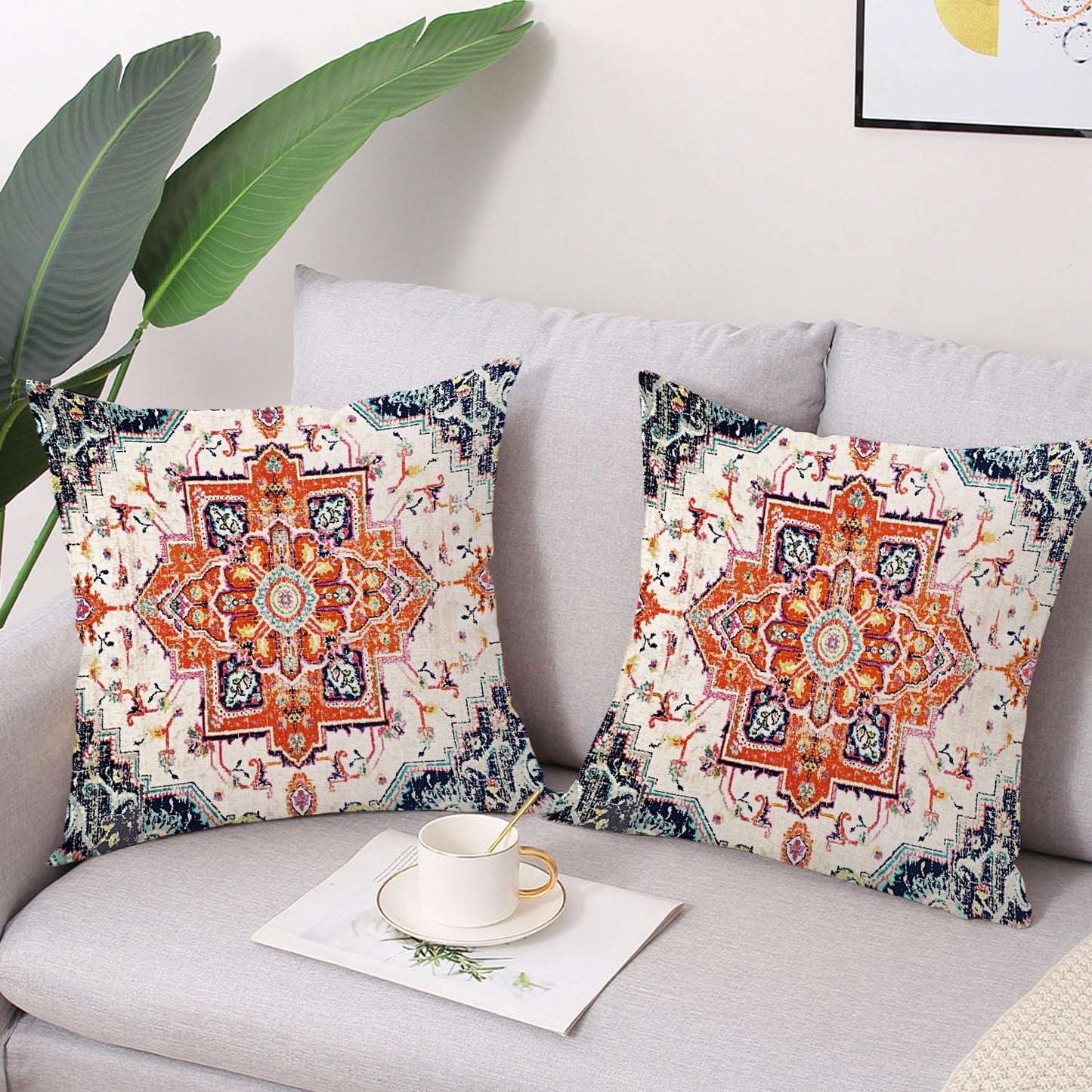 Outdoor Waterproof Pillow Covers 18 x 18 Inch Set of 2 Orange Bohemian Vintage Carpet Pattern Pillow Covers Ethnic Design Decorative Farmhouse Pillow Covers for Couch Garden Balcony, Boho-7