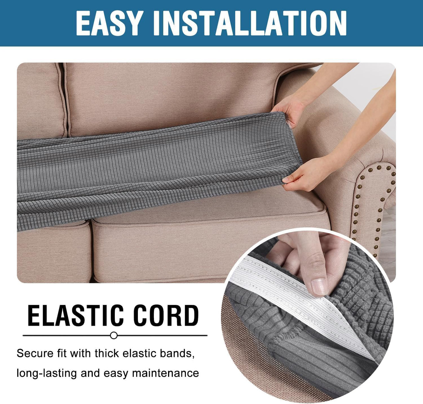 H.VERSAILTEX Super Stretch Individual Seat Cushion Covers Sofa Covers Couch Cushion Covers Slipcover Sets Thick Jacquard Textured Twill Fabric (1 Piece Chair Cushion Cover, Grey)