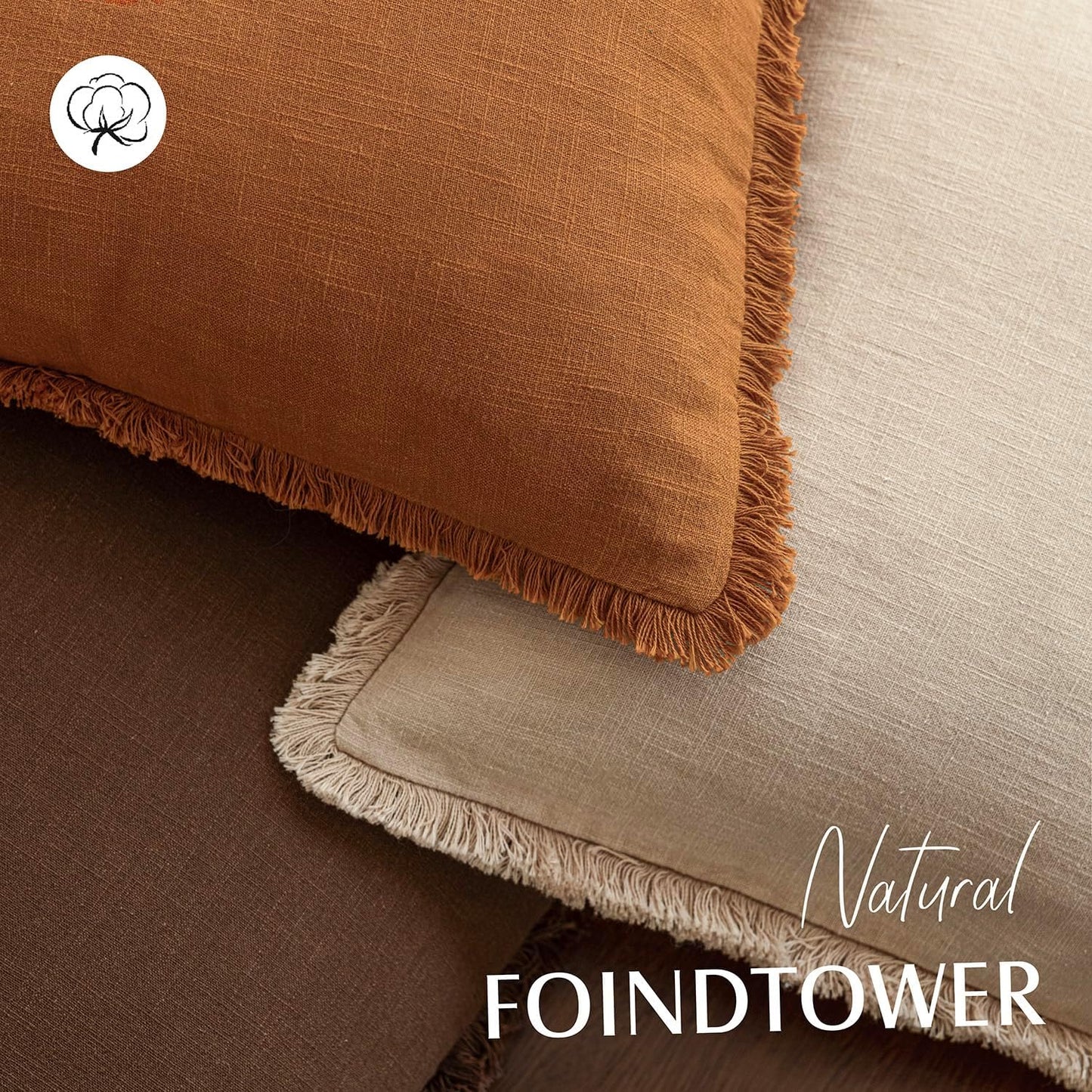 Foindtower Set of 2 Decorative Linen Fringe Throw Pillow Covers Cozy Boho Farmhouse Cushion Cover with Tassels Soft Accent Pillowcase for Couch Sofa Bed Living Room Home Decor, 26×26 Inch, Orange