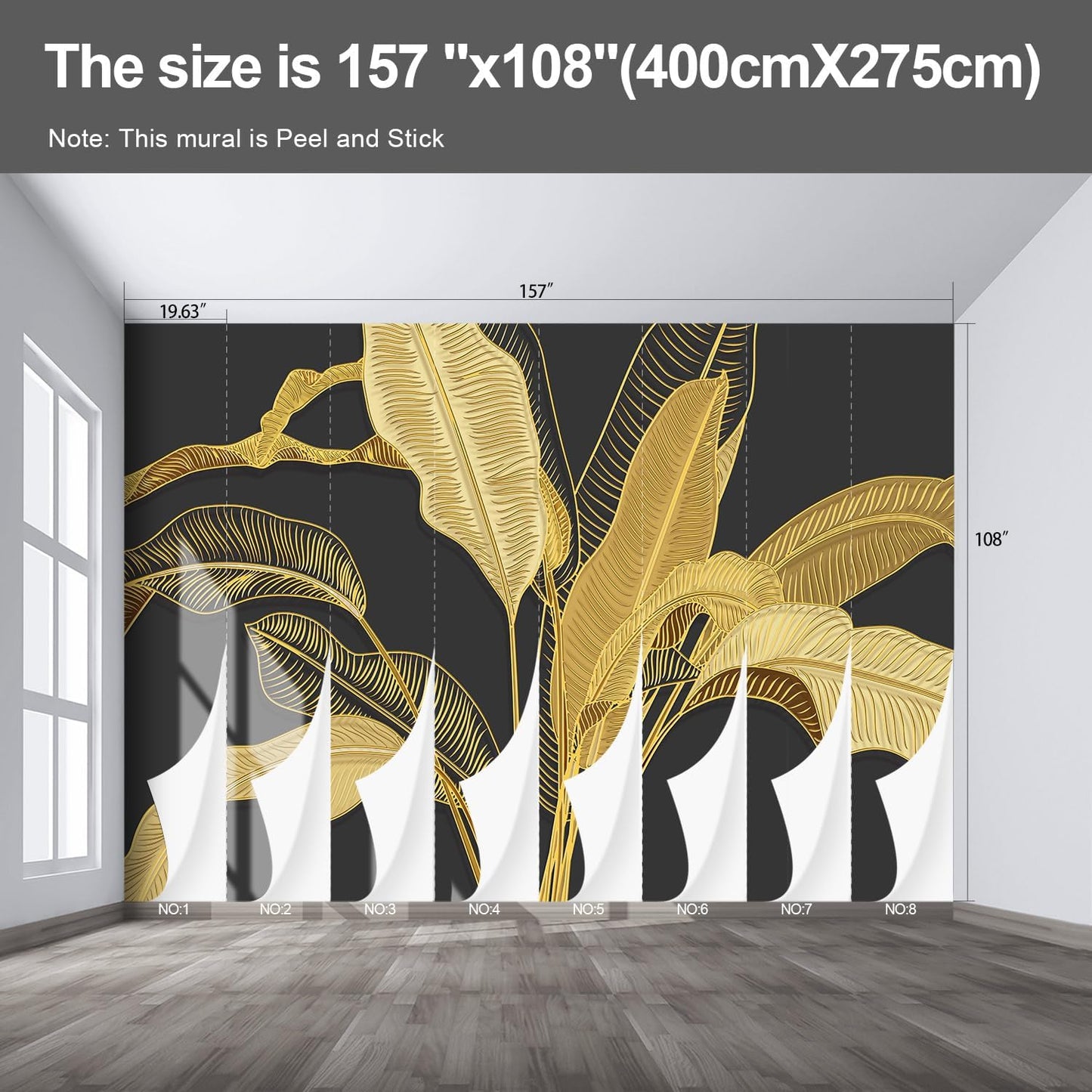 Gold Banana Leaf Wall murals Peel and Stick Wallpaper for Bedroom Living Room - 108"x157"