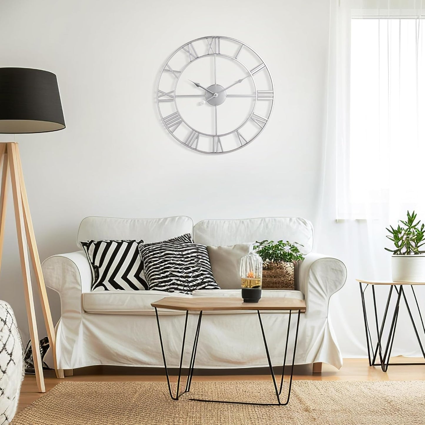 Large Wall Clock - 40cm/ 16 Inches Silent Non-Ticking Metal Wall Clock, Vintage Modern Silver, Battery Operated, Ideal for Living Room, Bedroom, Office, Farmhouse Decor