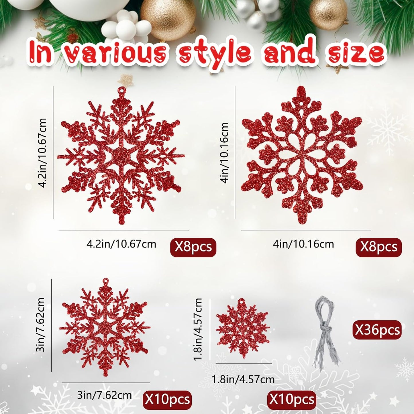 36pcs Red Christmas Snowflake Ornaments, Plastic Glitter Hanging Snow Flakes for Christmas Tree Decorations Winter Wonderland Frozen Birthday Party Holiday Home Decor Craft Snowflakes