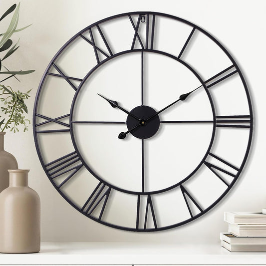 30 Inch Wall Clock Decorative, Oversized Large Black Metal Roman Numeral Silent Wall Clocks for Modern Farmhouse Living Room Decor