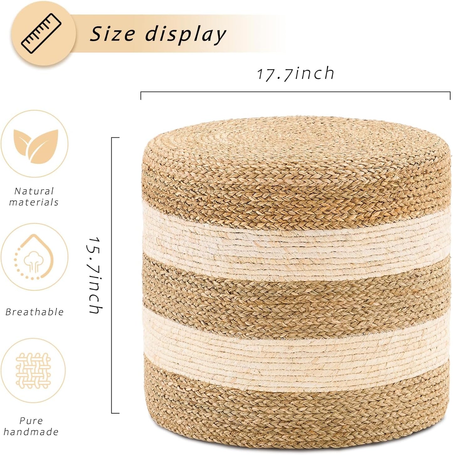 Handwoven Ottoman Pouf, Natural Seagrass Footstool, Round Braided Outdoor Seat with Sturdy Frame, Boho Accent Stool for Patio, Balcony, or Garden (Seagrass White)