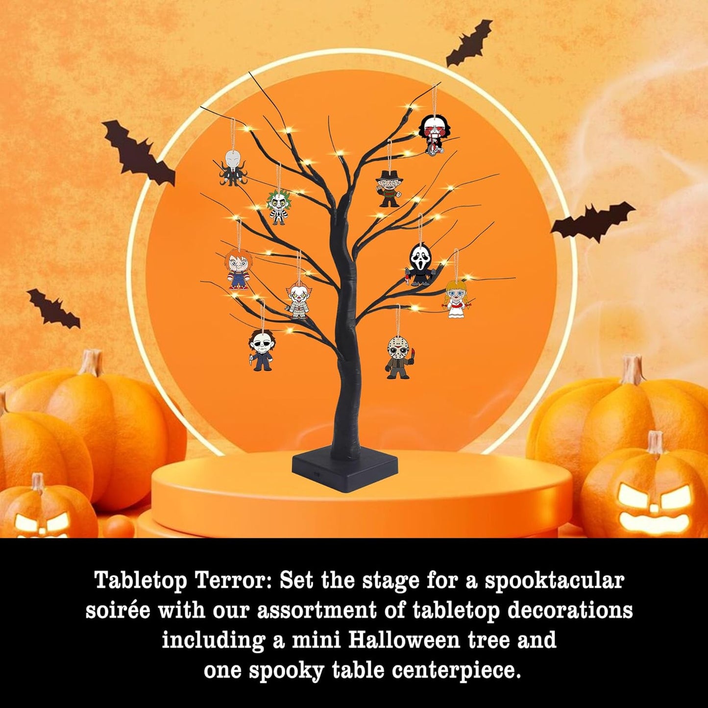 Black Halloween Tree with LED Lights and Spooky Wooden Hanging Ornaments Horror Movie Ornaments, Light Up Halloween Decor