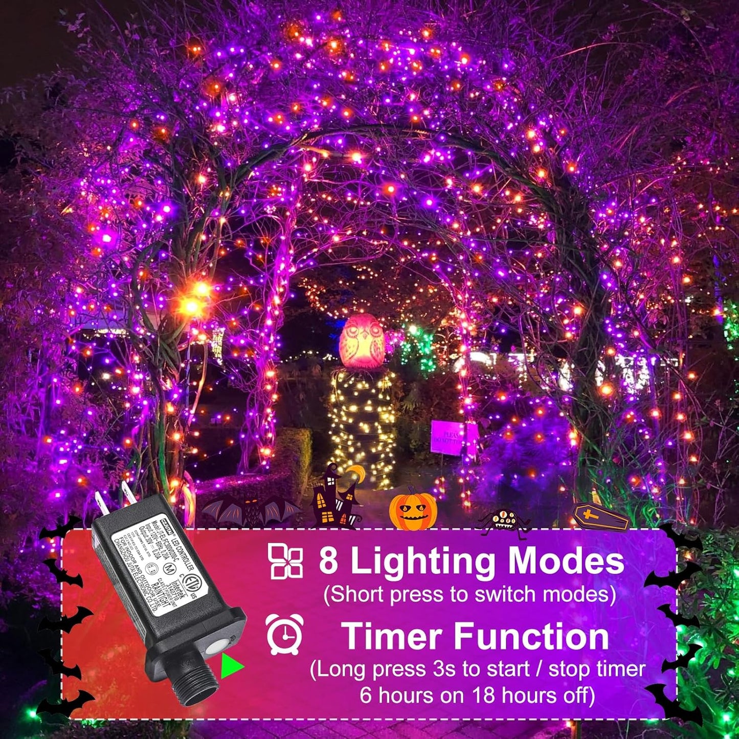 2 Pack Halloween Lights Outdoor, Total 200FT 600 LED Purple Orange String Lights for Outside with 8 Modes Waterproof, Plug in Halloween Decorations for Indoor House Patio Garden Party Holiday