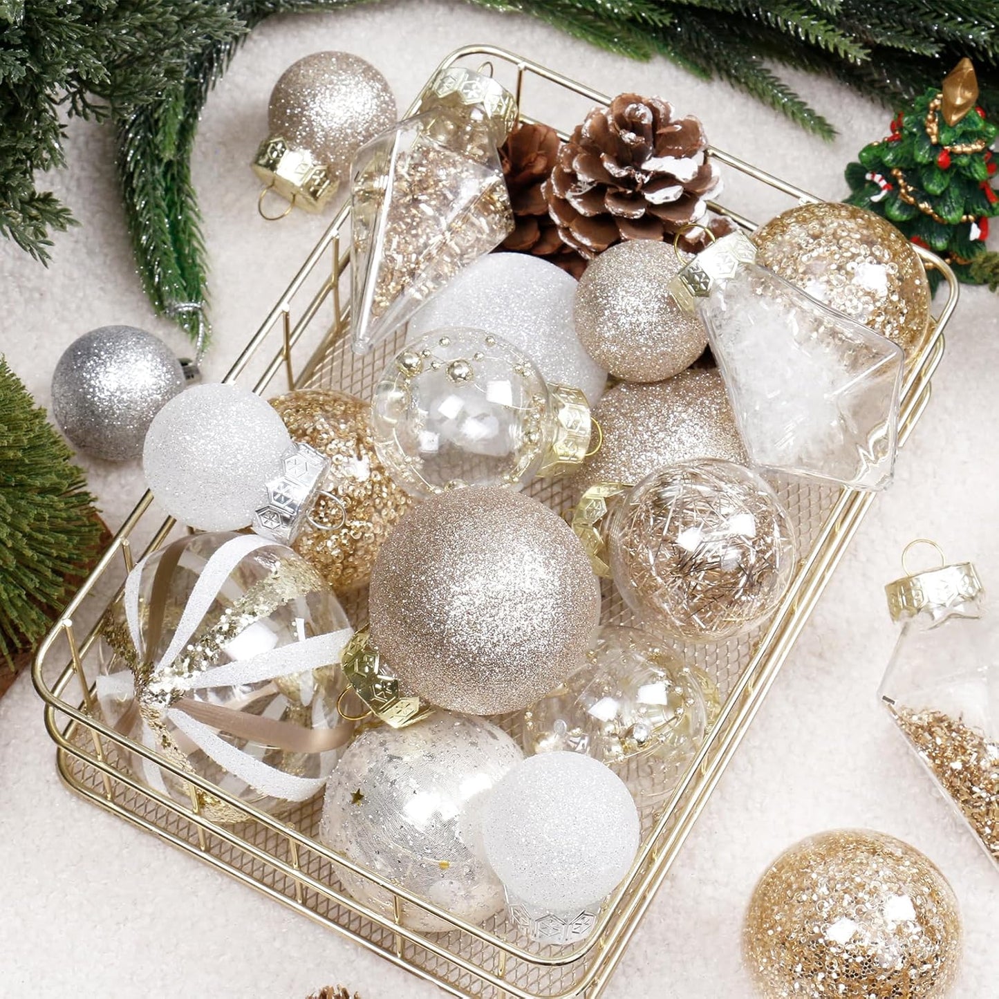 Christmas Ball Ornaments Set, 34PCS Clear Plastic Shatterproof Christmas Ornaments for Xmas Tree Hanging Decorations, for Indoor Home Thanksgiving Party Decor - Champagne/White.