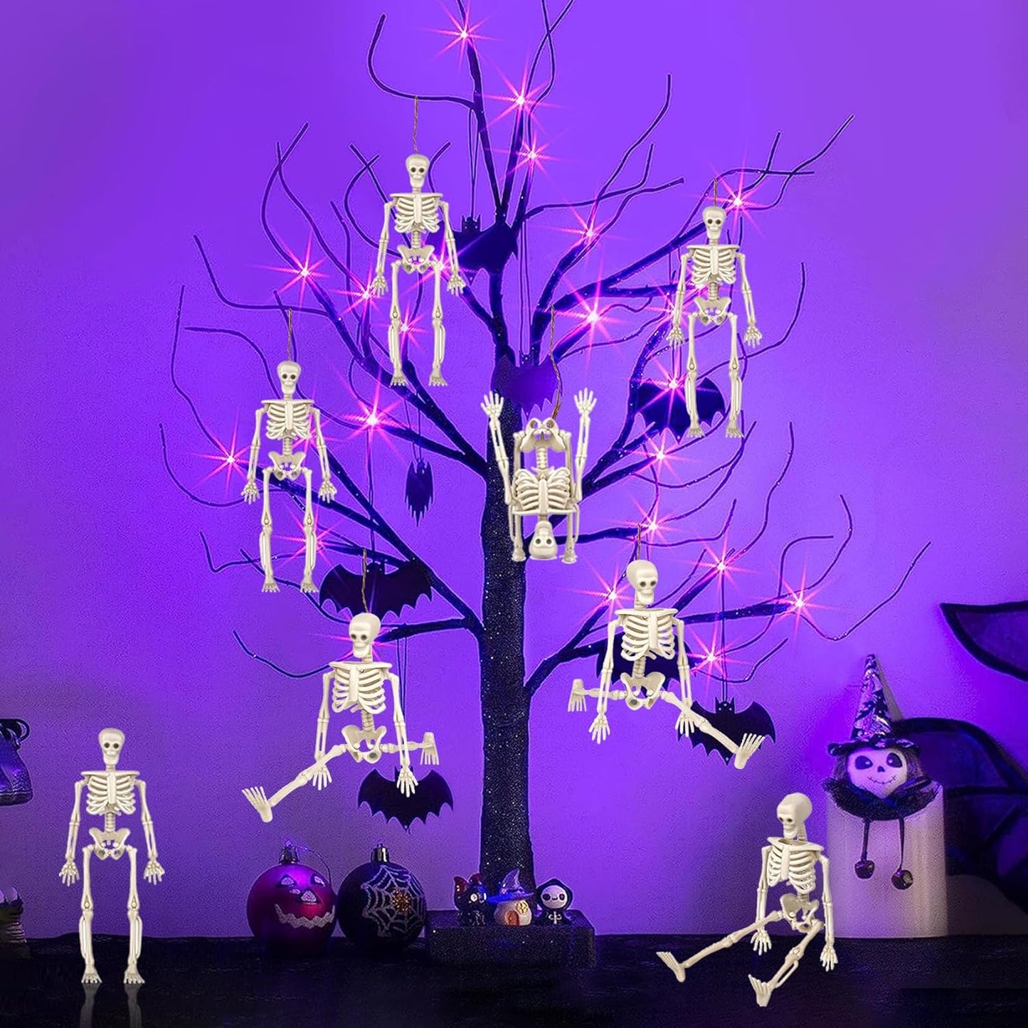 24 Pcs mini skeleton halloween decoration With hemp rope，6”small plastic posable halloween tiny skeleton figurines decor for Halloween Indoor Outdoor Graveyard Decor Haunted House Party Favors