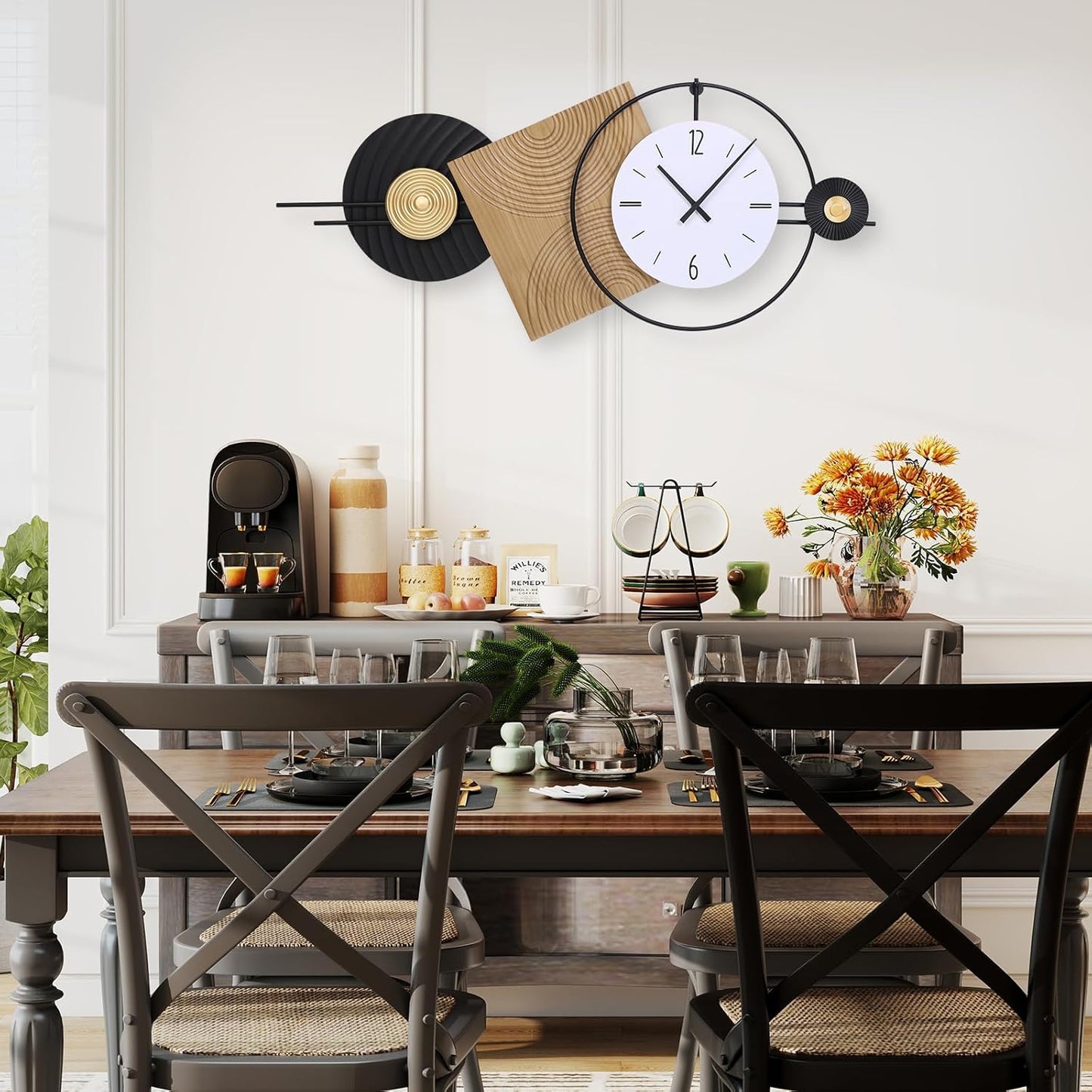 37.7X21Inch Large Modern Wall Clock Geometric Dial-Solid Wood Metal Frame Silent Non Ticking Wall Clocks for Living Room, Bedroom Decoration, Contemporary Home Wall Decor Gift Idea