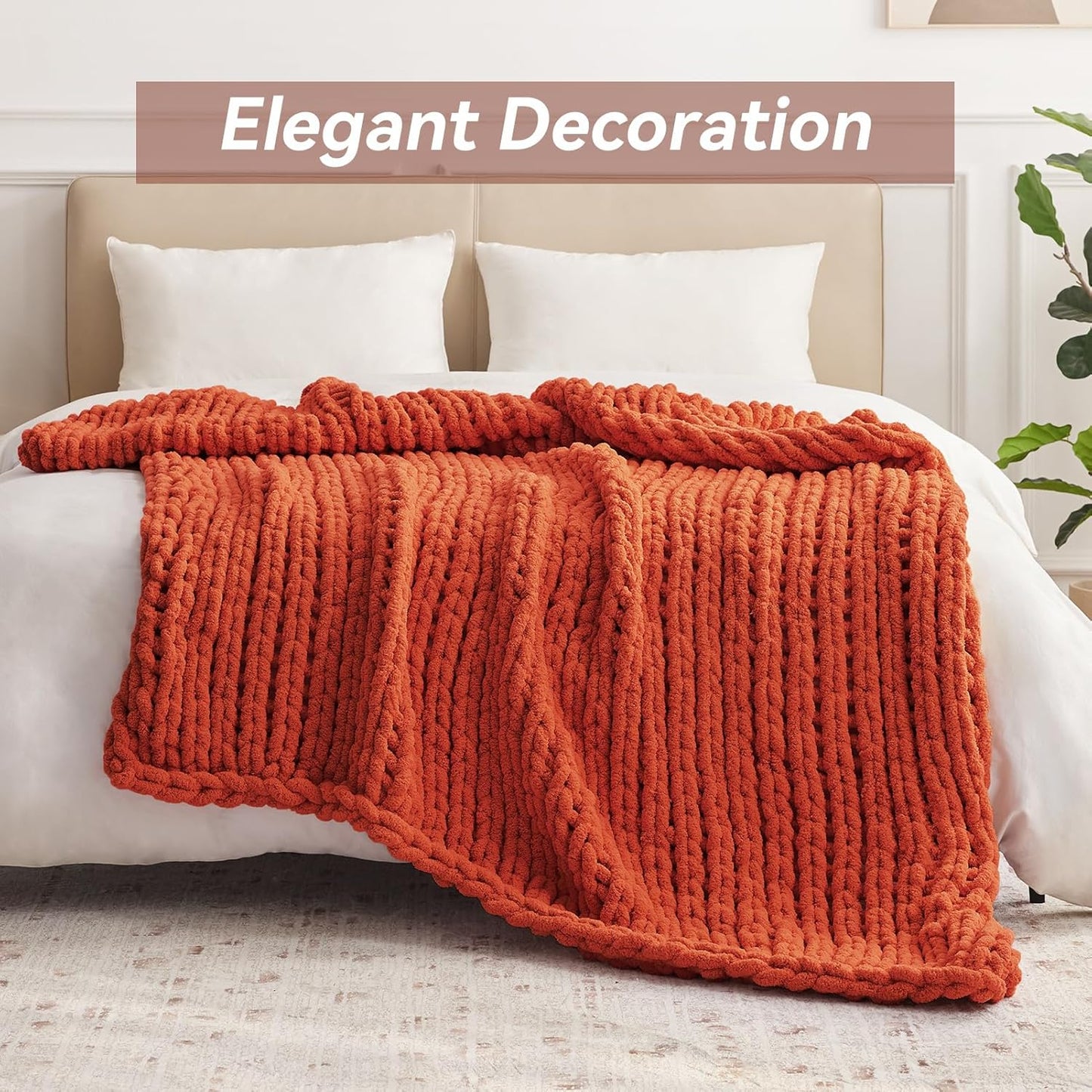 Chunky Knit Throw Blanket, 60''*80'' Fall Throw Blanket Knitted Chenille Yarn for Bed Couch, Handmade Orange Crochet Big Thick Blanket, Machine Washable Cute Comfy Blankets for Home Decor