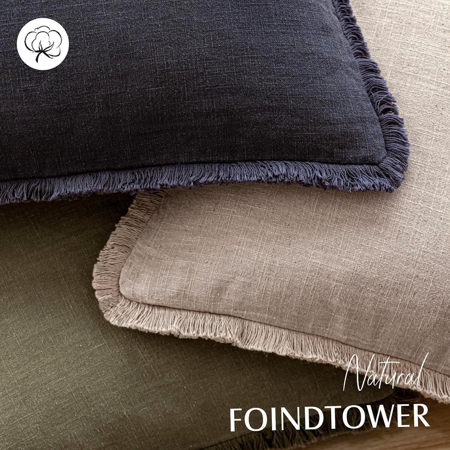 Foindtower Set of 2 Decorative Linen Fringe Throw Pillow Covers Farmhouse Cushion Cover with Tassels Soft Accent Pillowcase for Couch Chair Sofa Bed Living Room Home Decor,22×22 Inch,Natural Linen