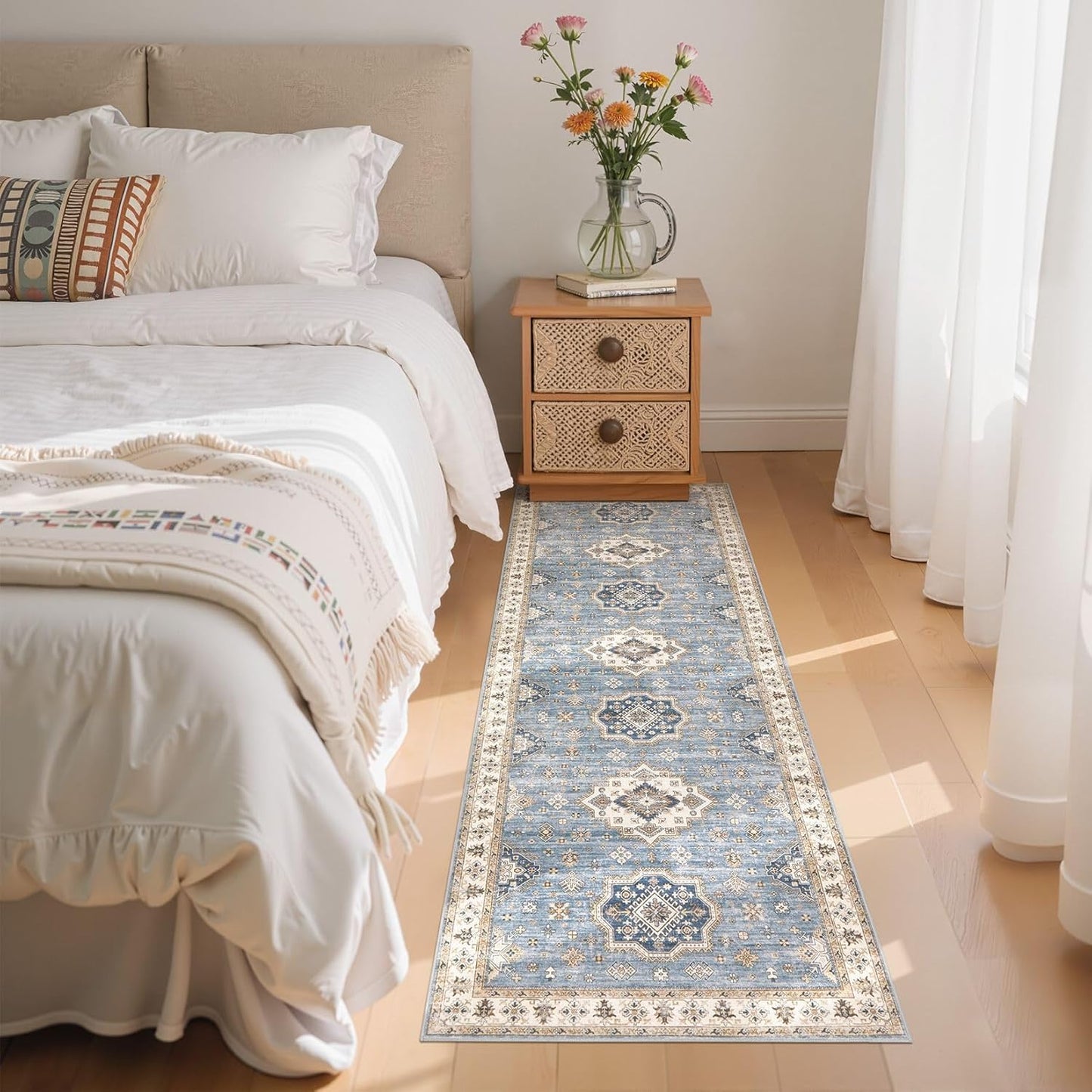 Washable 2x6 Runner Rug - Area Rugs Neutral Vintage Distressed Floral Farmhouse Boho Large Soft Floor Rug Indoor Carpet for Hallway Entryway Bedroom Kitchen - Blue