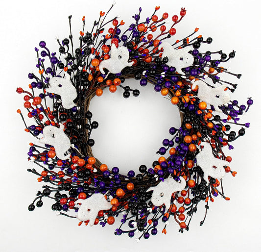 20-Inch Halloween Wreath - Handmade Orange & Black Berry Wreath with Adorable Mini Ghosts, Spooky Front Door Decor for Halloween Party
