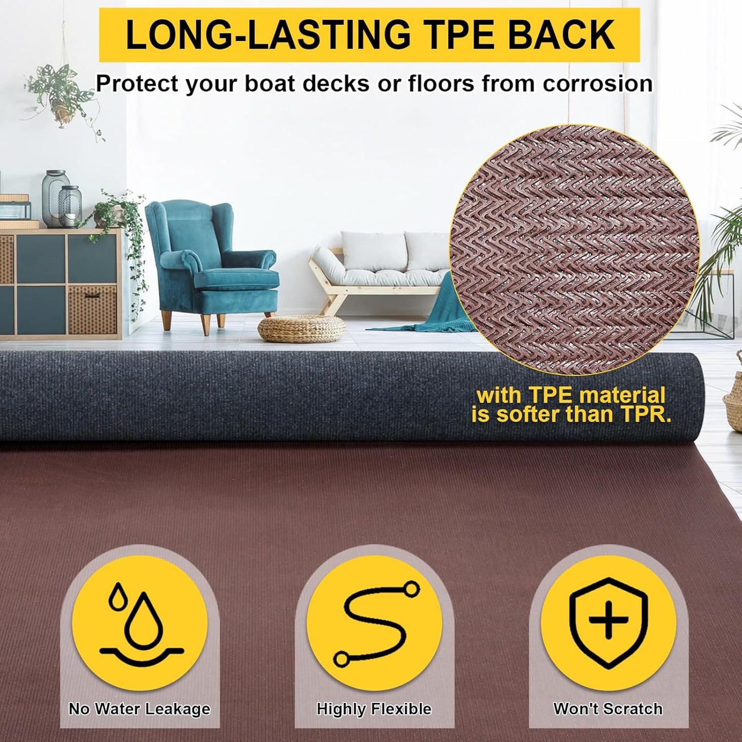 Marine Carpet,6 FT x 10 FT Dark Gray Indoor Outdoor Carpet 0.2" Thick Boat Carpet with Water-Proof TPE Backing, Non-Slide Outdoor Marine Carpet Roll for Home, Patio, Porch, Deck