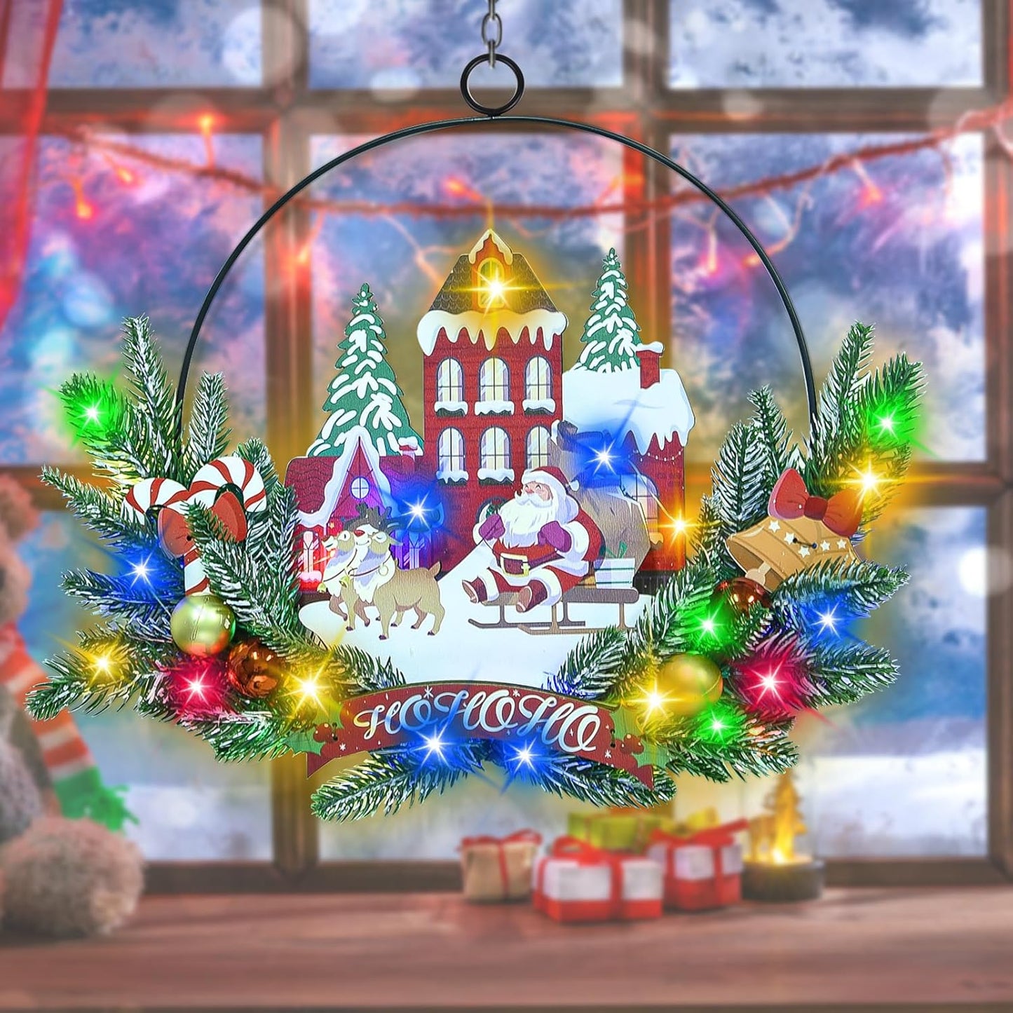 Light up Christmas Wreaths for Front Door, Welcome Metal Wooden Door Wreath Decor Hanging Sign, 30 LED Lighted Wall Decor Battery Operated for Halloween Indoor Outdoor (Santa Claus)