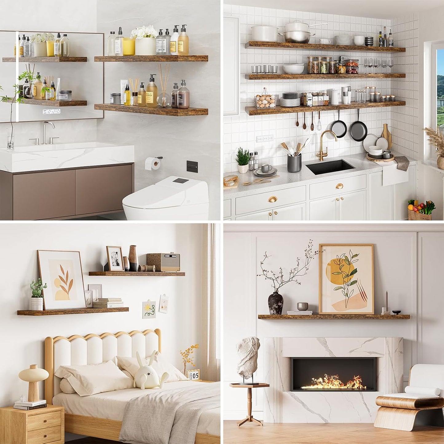 Heimlove 32 Inch Floating Shelves for Wall,Rustic Brown 9.3" Deep Floating Shelf Set of 2,Wall Mounted Shelves for Bathroom Bedroom Living Room Kitchen Office,Shelf for Books Storage Room,Home Decor