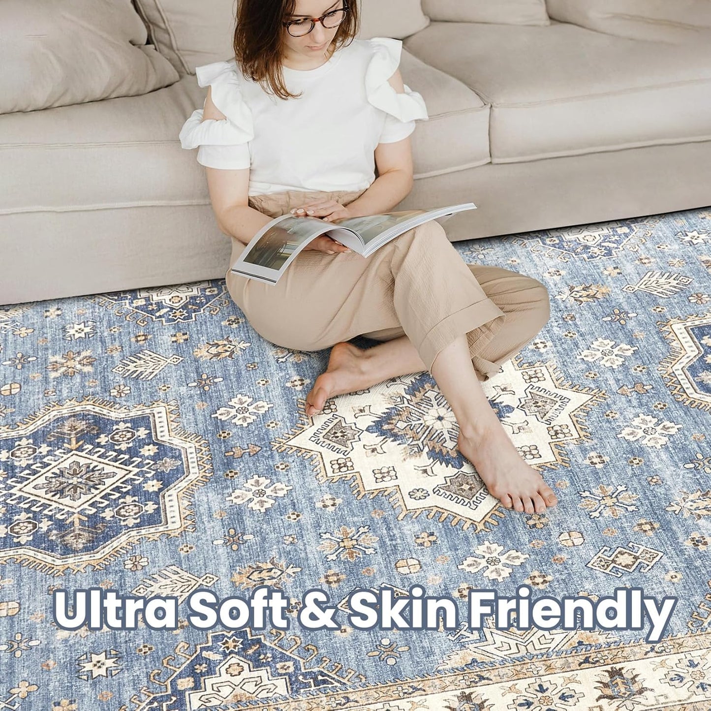 Washable Area Rugs for Living Room -9x12 Neutral Vintage Distressed Floral Farmhouse Boho Large Soft Floor Rug Indoor Non Slip Carpet for Living Room Bedroom Dining Room Office - Blue