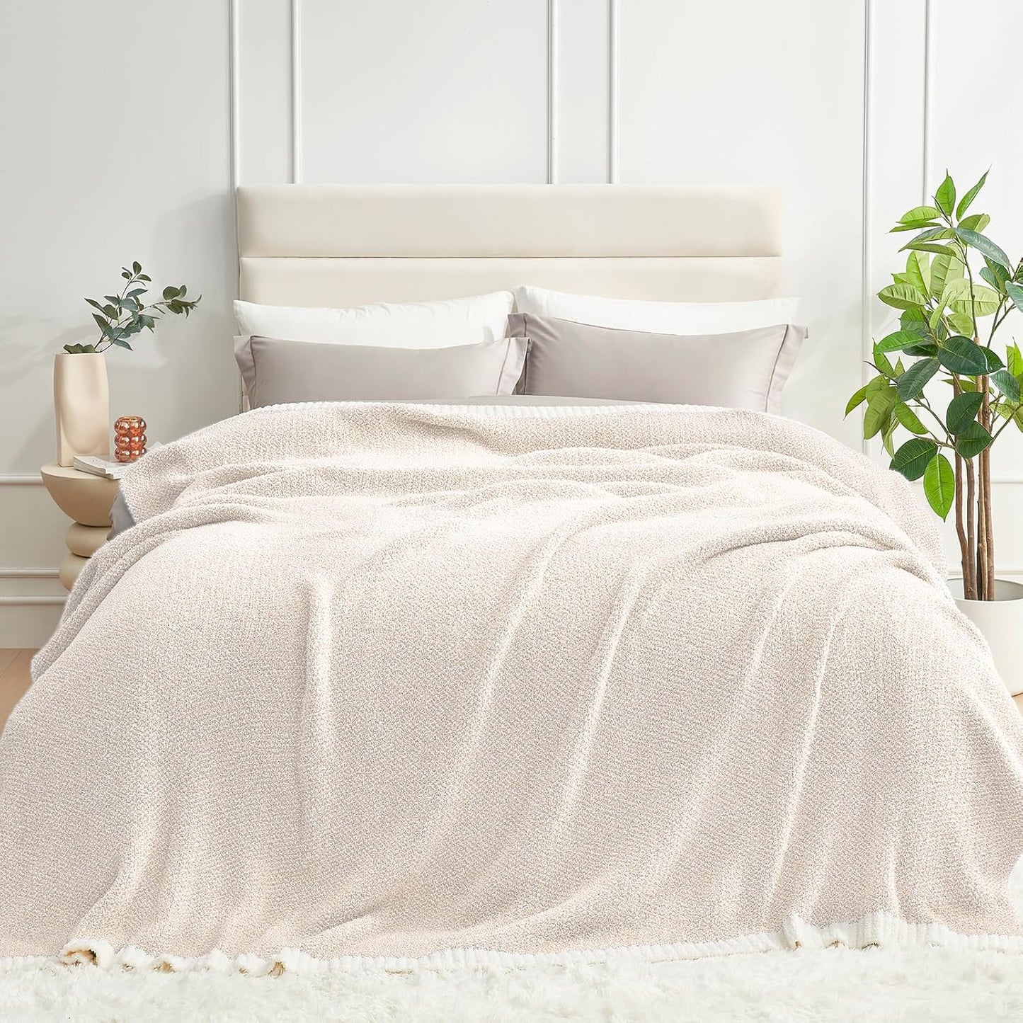 Snuggle Sac Queen Size Oversized Super Soft Bed Blanket - Warm & Cozy Knit Fuzzy Microfiber Blankets in Heather Ivory, 90 x 90