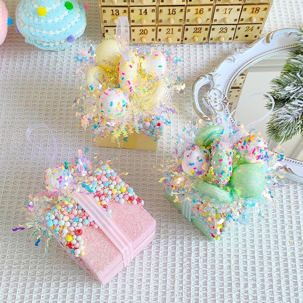 Christmas tree gift box ornament set,3 Pieces Macaron Color Candy Gift Hanging Ornaments for Christmas, New Year, Easter, Birthday (PINK GREEN YELLOW)
