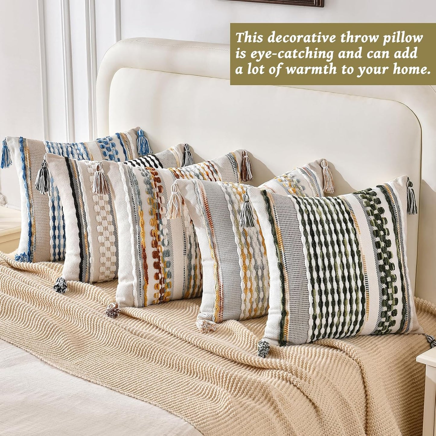 AmHoo Set of 2 Chenille Striped Textured Boho Throw Pillow Covers Aesthetic with Tassels Woven Decorative Pillow Case for Couch Bed Sofa Bedroom Modern Funky 18 x 18-Inch Sky Blue