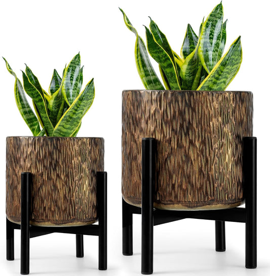 Harvest Land Plant Pots with Stand, Set of 2 Large Modern Planters Metal Tall Handmade Flower Pots with Drainage Holes Indoor Outdoor,Bronze
