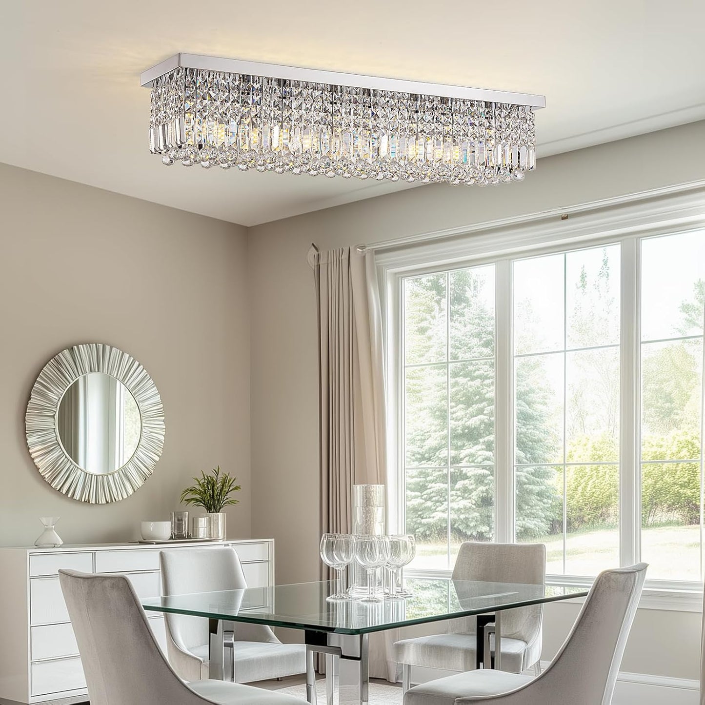 Modern Crystal Chandelier, 8-Lights Rectangle Chandelier Rectangular Flush Mount Pendant Ceiling Light Fixture K9 Crystal Raindrop Chandeliers for Dining Living Room Kitchen Island 𝐋𝟒𝟎 𝐈𝐧𝐜𝐡