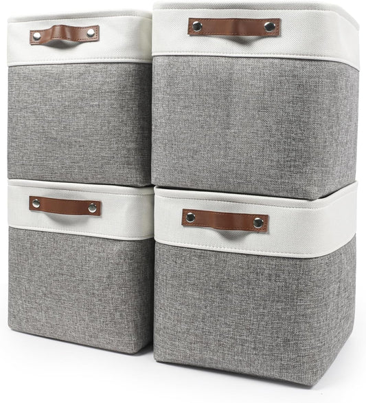 13x13 Cube Storage Bins, Collapsible Fabric Storage Box, 4 Pack Closet Baskets with Handles for Organizing, Shelf, Toys, Clothes, Home, Office, Nursery (Grey&White)