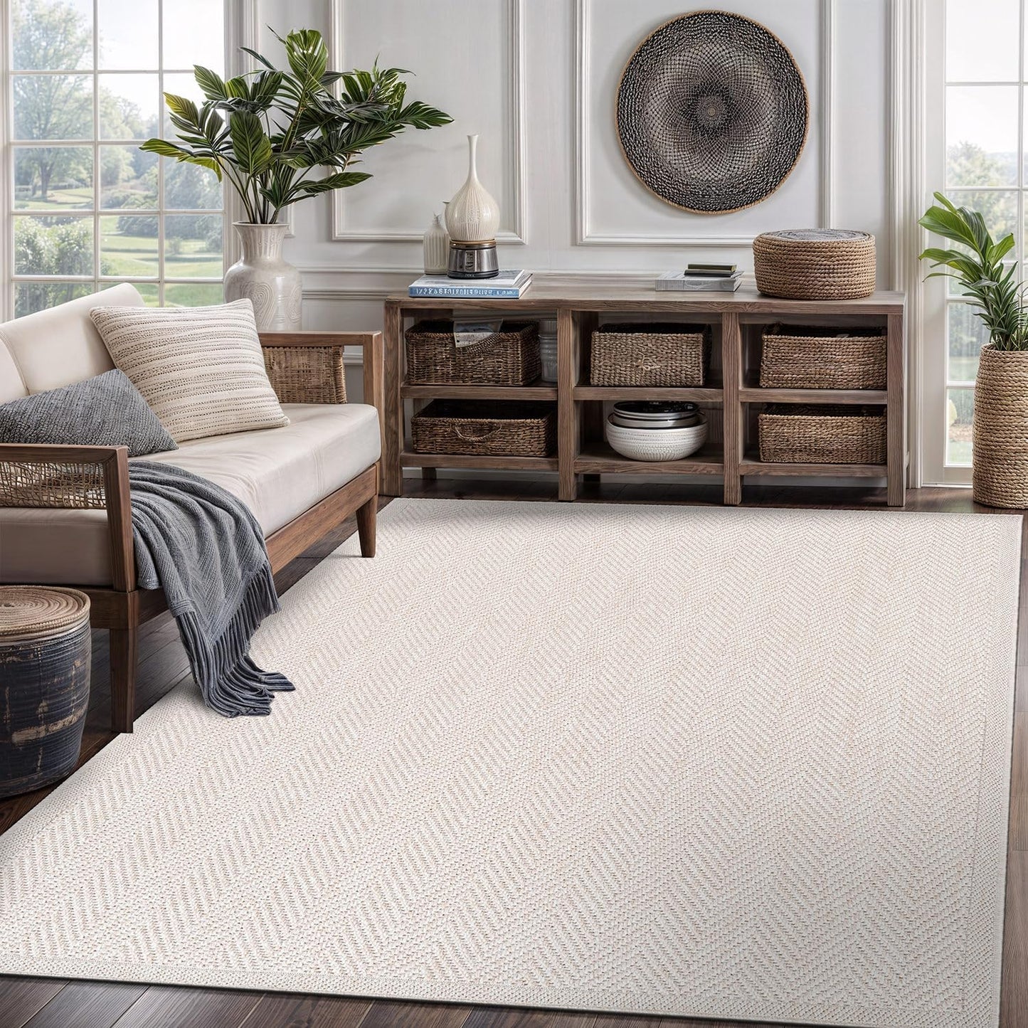 CAMILSON Easy Jute Rug 9x12, Indoor Outdoor Off-White Color Fiber Area Rugs for Living Room and Patio Rug Herringbone Seagrass Boho Woven Design Easy-Cleaning Washable Outside Carpet Alfombras 9 x 12