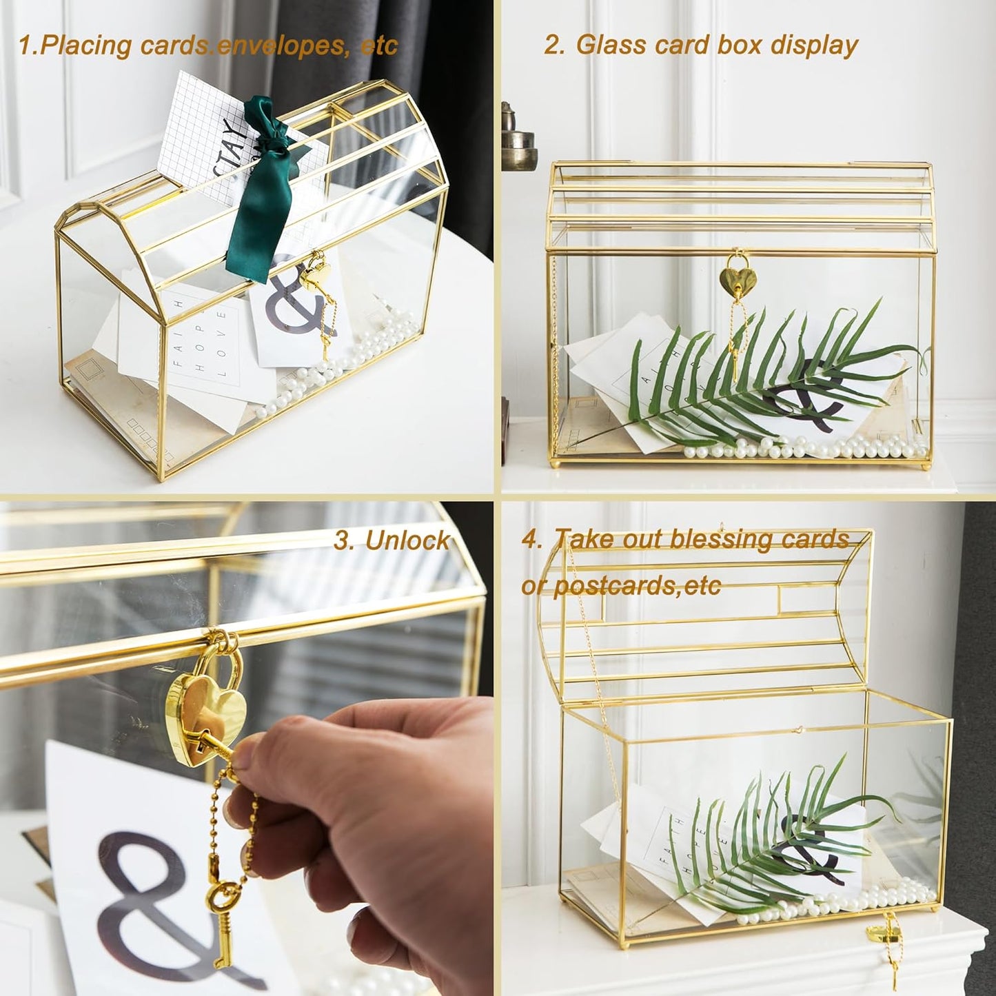 Wedding Card Box with Slot, 12.2'' Large Glass Card Boxes for Reception, Gold Card Holder, Clear Decorative Storage Box with Lock for Baby Shower, Birthday Party, Christmas, Bridal Shower